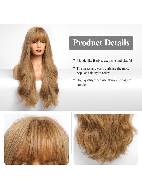 Women\'s Honey Blonde Heat Resistant Long Curly Wavy Synthetic Wig Bang Size 26In main image 5
